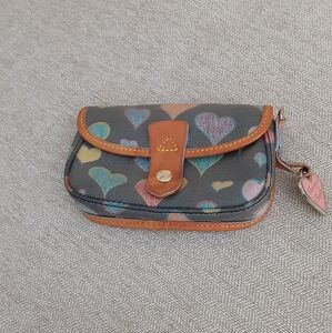 Dooney Bourke multi color print hearts and tan leather pouch